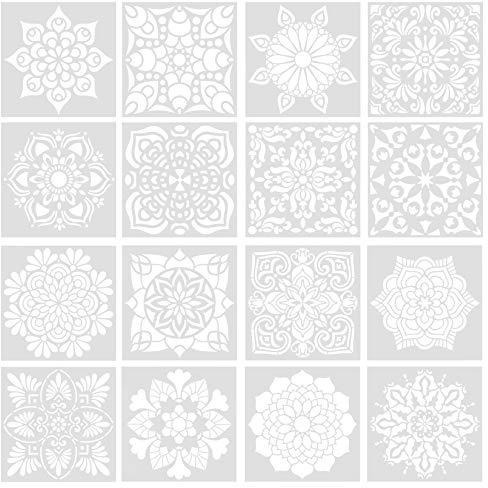 16 PCS Mandala Stencil Art Set, 6x6 in Crafts Tile Stencils, Reusable Laser Cut Painting Template Painting Stencil for Art and Stone Rock Home Painting Airbrush Furniture Floor Tiles Walls