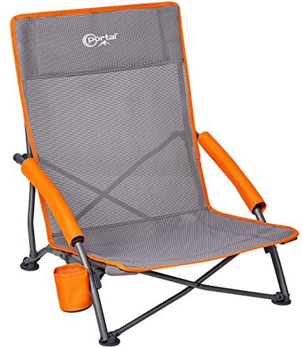 Portal Folding Beach Chair Low Lightweight Portable for Adults Foldable Beach Seat Camping Festival Picnic Deck Chair Outdoor Collapsible with Cupholder Mesh Back Padded Armrests Supports 150KG