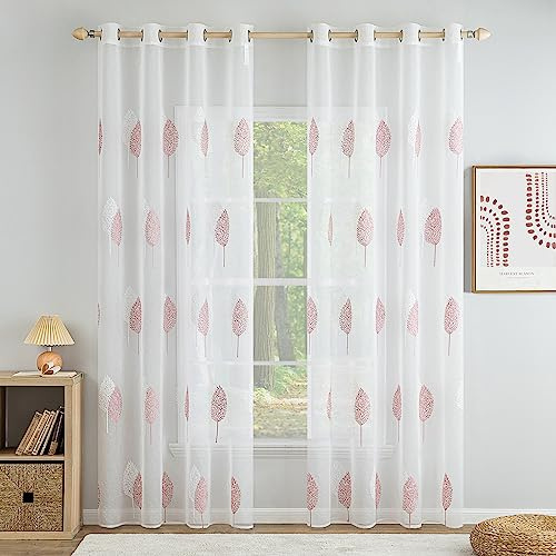 MIULEE Wohnzimmer Vorhänge Transparent mit Rosa und Weiss Blätter Muster, Modern Stickerei Gardinen Ösen für Schlafzimmer Deko, 2er Set Schöne Blätter Muster Vorhang Fenster H 225 x B 140