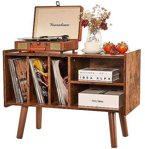 Record Player Stand with 4 Cabinet Holds Up to 220 Albums, Mid-Century Record Player Table, Black Vinyl Holder Storage Shelf for Bedroom Living Room (Brown)