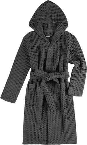 KOSMU 100% Organic Japanese Cotton Waffle Knit Bathrobe | Thick Luxury Hotel Spa Onsen Shower Sauna Towel Terry Bath Robe with Hood and Snap Buttons for Men & Women (Hooded, Smoke Grey, L/XL)