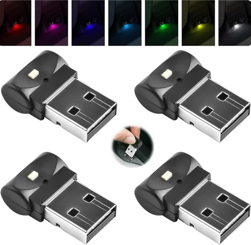 YOUNLEN Mini 4 Pieces LED USB Interior Ambient Light, Portable LED Night [7 Adjustable Colors], USB Plug-In Interface, Set of Ambient Lights for Trunk