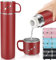 Thermoskanne Edelstahl 550ml - Auslaufsicher Thermosflasche mit Becher und Henkel, Vakuum Thermobecher 12 H Heiß / 12 H Kalt, Rutschfest Kaffeebecher unterwegs Für Sport, Arbeit, Schule, Auto (Rot)
