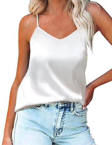 Ekouaer Kvinnors linnen satin camisole siden V-ringning justerbar spaghettiband bodysuit blus topp T-shirt cami-toppar S–XXL, 1 stycke-a-vit, M