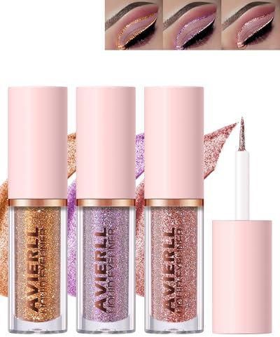 Set di 3 eyeliner liquido con brillantini, oro viola, rosa metallizzata, per ombretti liquidi, impermeabile, a lunga durata, per sopracciglia, per carnevale, 08 + 09 + 10
