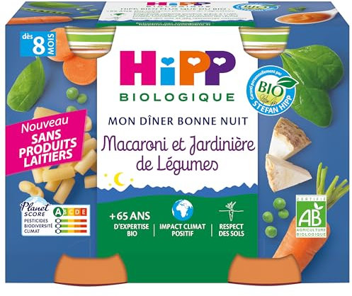 HiPP - Mon Dîner Bonne Nuit - Macaroni et Jardinière de Légumes - Pots 2 x 190 g