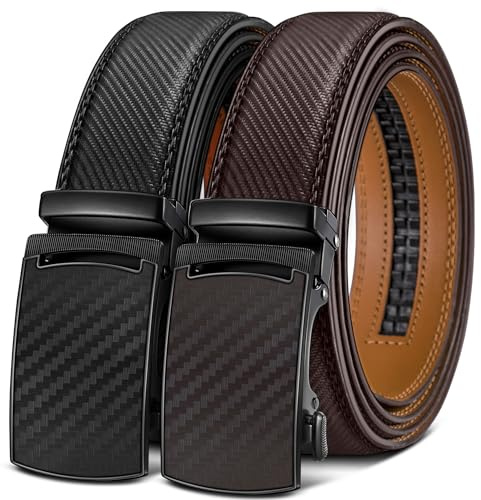 KEMISANT Cinturón Hombre 2 Piezas, Cinturones Hombre Cuero Hebilla Trinquete Automática,35MM Tamaño Ajustable para Pantalones Traje(Negro/Marrón intenso,160cm/48-56 Cintura ajuste)