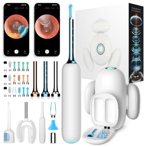 Otoscopio Limpiador Oidos, Otoscopio con cámara 10 megapíxeles, 3,1mm Otoscopio flexible con luz LED UVC, WiFi Endoscopio con pinzas y ayuda para líquidos, Kit de Limpiador de Oídos para la familia