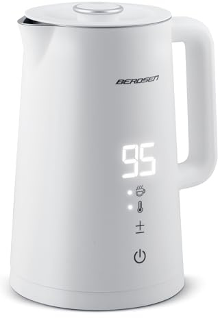 Berdsen Wasserkocher Edelstahl 1,7 L Fassungsvermögen Temperaturwahl Temperatureinstellung Warmhaltefunktion Touchpanel 2200 Watt Doppelwand Pirouettenbasis Wasser Kocher Leise Weiß