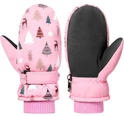 Rhino Valley Gants de Neige pour Enfants, Gants de Ski Imperméables pour Temps Froid, Bande Velcro Réglable, Moufles de Neige pour Garçons/Filles pour Les Activités Hivernales en Plein Air (Rose,S)