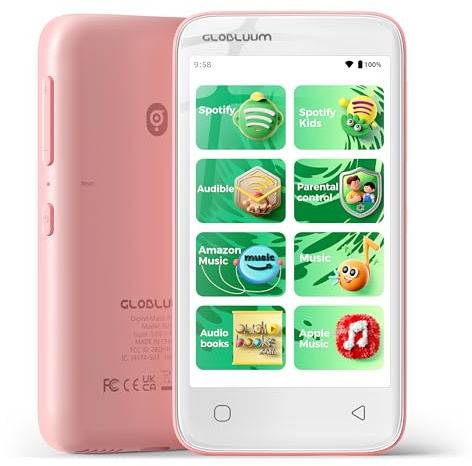 Globluum 80GB MP3 Player for Kids, Parental Controls, Supports Spotify Kids, Audible, LibriVox, Amazon Music and Kindle:Safe Android MP4 Player Gift with 4 Touchscreen, WiFi and Bluetooth(Pink)