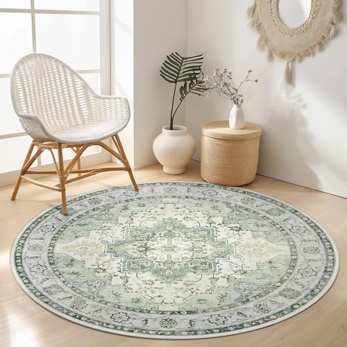 GENIMO Persisk vintage diamantmatta, tvättbar, halkfri, kort lugg för vardagsrum, matsal, arbetsrum, sovrum, runda, grön R200 cm
