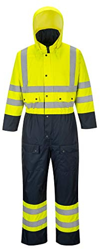 Portwest S485 Mens Hi Vis Waterproof Winter Coverall Thermal Quilted Hooded Rain Suit 300D PU Coated Taped Seams Reflective Workwear Rail Motorway Tradesman, Yellow/Navy, 5XL