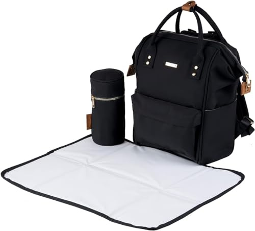 baba bing | Mani Baby Changing Bag Large Backpack with Adjustable Shoulder Straps | Multifunction Baby Bag Backpack with Detachable Changing Mat & Insulated Bottle Holder | Black/Brown