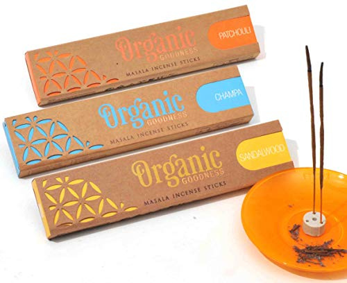Organic Goodness Incense Sticks - 3 Pack: Sandalwood, Champa and Patchouli. Total 45 Grams (Saucer not Included) (Sandalwood, Champa and Patchouli)