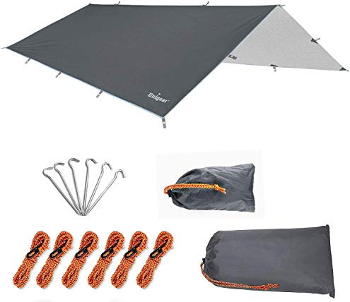 Unigear presenning, presenning för hängmattor, vattentät med öglor + 8 pinnar + 8 rep, regnskydd, solskydd för vår camping MULTI-WAY