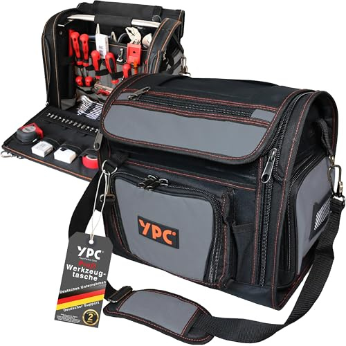 YPC Foreman Werkzeugtasche XL– Tragbare Aufbewahrungstasche mit Karabinerhaken, Wasserfest, Reißfest, Stabiler Metallgriff & Schultergurt mit Polsterung, Grau-Schwarz, 37x36x27cm – 20 kg Tragkraft