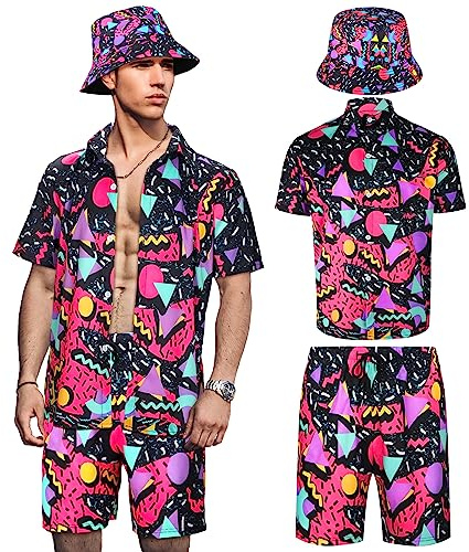 Conjunto de 2 piezas de los años 80 y 90 para hombre, conjunto de camisas y pantalones cortos retro con sombrero, chándales hawaianos de playa para hombre, fiesta de discoteca, Fresco, L