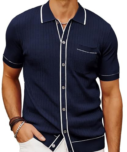 RICOCHO Polo de Rayas cubanas para Hombres, M-3XL Polos de Rayas para Hombres Camisa de Golf de Punto Transpirable