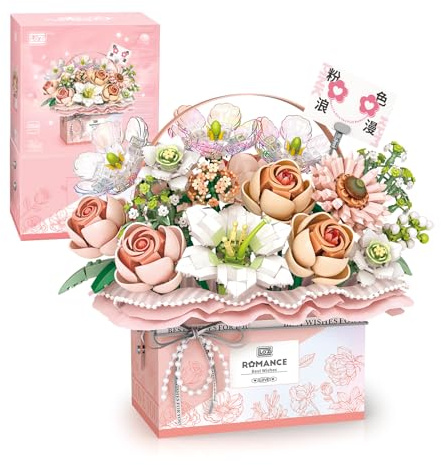 MEIEST Set di mattoncini da costruzione, simulazione con rosa, confezione regalo per San Valentino, bonsai, giocattolo per la casa,14+ (rosa fantasy)