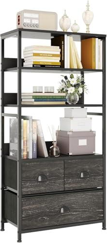 VERMESS 4-Tier Industrial Bookshelf with 3 Fabric Drawers, Storage Shelf, Bookcase with Doors, Adjustable Free Standing Display Shelf, Ladder Shelf Unit for Living Room, Office, Bedroom, Black