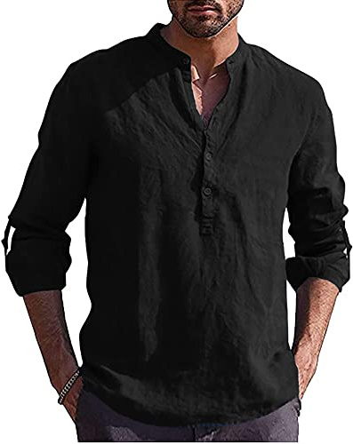 YAOBAOLE Chemise Lin Homme Slim Fit Chemise Traditionnelle Unicolore Homme Casual Manches Longues Eté Coton Lin Col Mao Noir 3XL