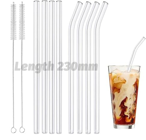 vgggrd Cannucce riutilizzabili in Vetro, 23cm * 8mm Lunghe Cannucce per Frullati, Cocktail, Frappè, Bevande Fredde (4 Dritte + 4 Curve, 2 Spazzole)