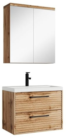 Badplaats B.V. Badezimmermöbel Etna 60 cm 01 Waschbecken - Eiche - Aufbewahrungsschrank mit Spiegelschrank Badmöbel-Set