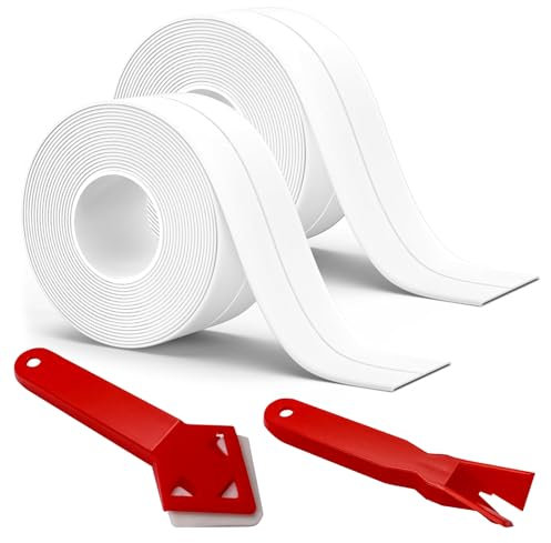 Cinta de Sellado Impermeable Autoadhesivas, 2 Rollos Cinta Baño Selladora, Tiras de Calafateo Autoadhesivas, Cinta de Sellado con 2 Herramientas de Calafateo, para Cocina Inodoro Esquina Bañera