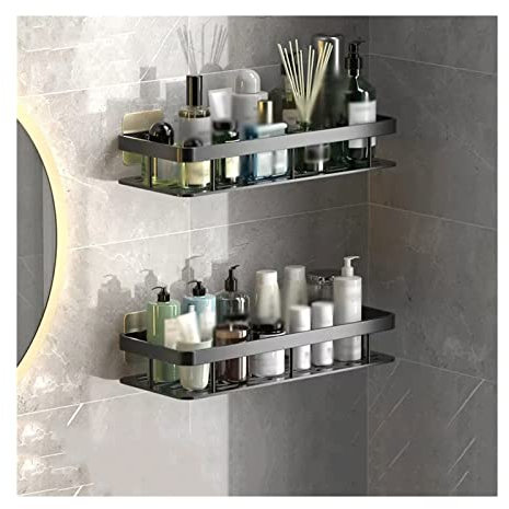 GLigeT Shower Shelf Storage Rack Toilet Washstand Double Layer Simple Storage Rack Kitchen Counter Metal Storage Rack Wall Perforated Storage Rack Bathroom Shelves(Black)