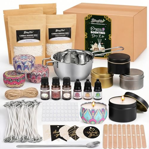 Blingfun Kit de fabricación de velas de cera de soja de 2 libras, suministros para hacer velas con mechas, calcomanías, tarro de velas, olla de fusión, aceites y tintes de fragancias, kit completo de