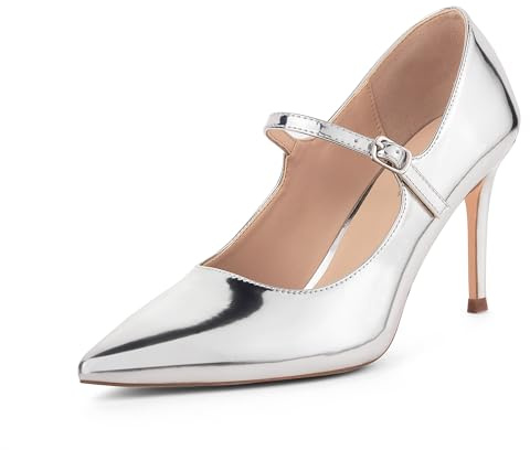 GENSHUO Escarpins Mary Jane Femme, Talon Aiguille 8 cm, Bout Pointu, Cuir Verni, Élégants et Confortables pour Bureau, Fête, Design Vintage, Argent, 41 EU