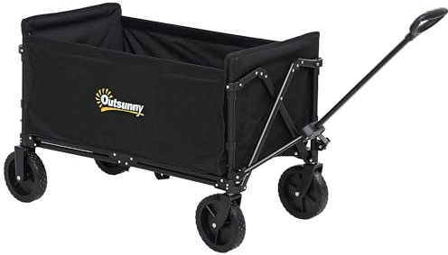 Outsunny Carrello da Giardino da 120L con 4 Ruote Girevoli, Carrello Spiaggia Pieghevole in Acciaio e Tessuto Oxford con Sacca Portaoggetti e Maniglia Girevole e Regolabile, 90x48x62 cm, Nero