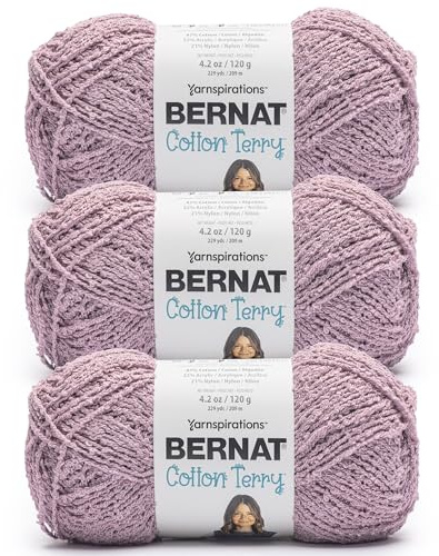 Bernat Cotton Terry Lupine Yarn - 3 Pack of 120 g / 4.2 oz - 47% Cotton 32% Acrylic 21% Nylon - #4 Worsted (Medium) - 209m /229Yards - for Knitting, Crochet and Amigurumi