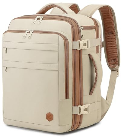 VANKEV Eurowings Ryanair EasyJet Wizz Air Handgepäck Erweiterbar 40x30x20 bis 40x30x25, 24L bis 30L, Sitzunter Rucksack für Reisen passt zu 15,6 Zoll Laptops beige