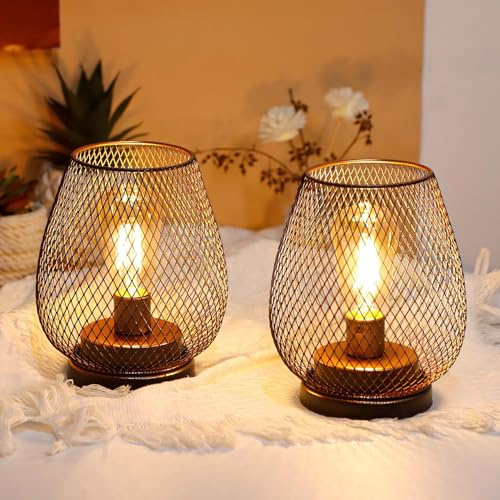 JHY DESIGN Set of 2 Metal Cage LED Lantern Battery Powered Cordless Lights Accent Lamps with LED and 6-Hours Timer Great for Weddings Parties Patio Events for Indoors Outdoors