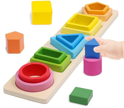 wotoyd Montessori Spielzeug ab 1 Jahr, Holz Motorikspielzeug Lernspielzeug mit Formen und Farben, Stapelspielzeug und Sortierspielzeug, Geschenk für Jungen Mädchen ab 1 2 3 Jahre