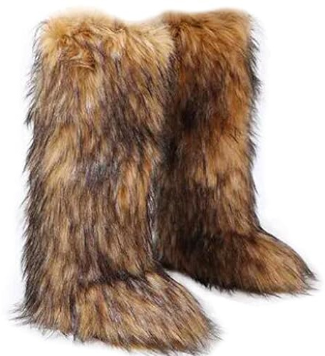 VALPEAKER Höga lurviga fuskpälsstövlar för kvinnor, vinter snö fluffiga långa stövlar för flickor, knähöga platta, Tallboots brun, 40 EU