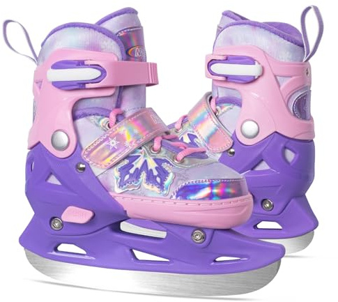 Nattork Adjustable Kids Ice Skates - 4 Size Adjustable Hockey Lace-Up Skates with Warm Plush Lining, Triple Safety Ankle Support, Stainless Steel Blades - Perfect for Boys and Girls Aged 3-12