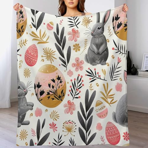 ArogGeld 70x80in Rabbit Easter Eggs Wildflowers Flannel Fleece Throw Blanket Watercolor Bunny Colorful Floral Flannel Fleece Blankets Cosy Soft Warm Sofa Throw Christmas Housewarming Gift