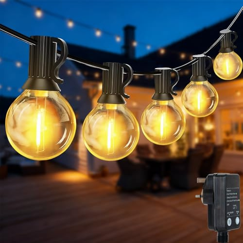 QIHANS Outdoor String Lights Mains Powered, 15M Festoon Lights with Light Sensor Timer, 25+2 G40 Shatterproof Globe Bulbs, Waterproof Garden String Lights for Balcony Yard Patio Wedding