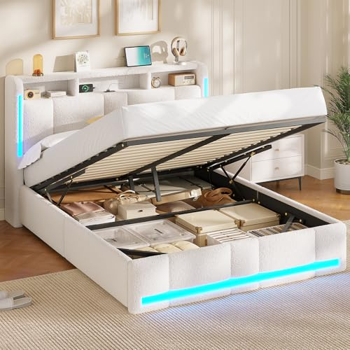 AOGLLATI Lit Coffre 140x200 CM, Lit Double avec LED et Ports USB, Cadre de lit avec Tête de Lit capitonné et Rangement, Lattes en Bois, Bouclée, Beige (sans Matelas)