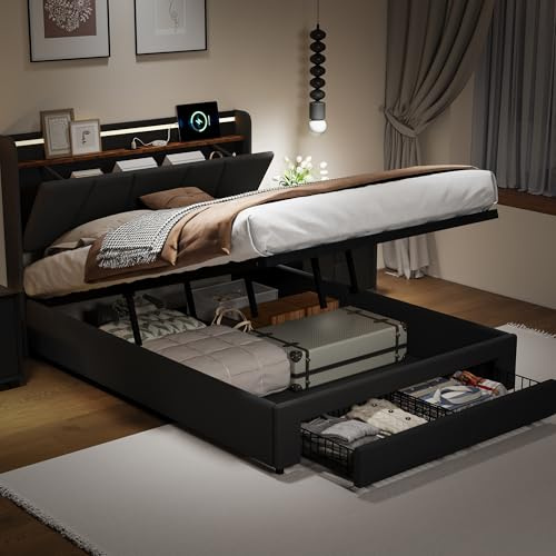 Syeklaoo Letto imbottito 140x200 con Contenitore, Letto matrimoniale con USB e LED, con 2 cassetti,Letto 140x200 con contenitore,Idraulico,testiera con vano portaoggetti, Lino, Grigio scuro