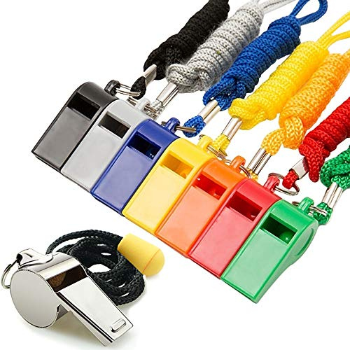Hipat Whistle with Lanyard, 8 Packs Sports Whistles Bulk, 7pcs Plastic Whistle and 1pcs Stainless Steel Whistle, Loud Crisp Sound Whistle Ideal for Coaches, Referees and Lifeguards