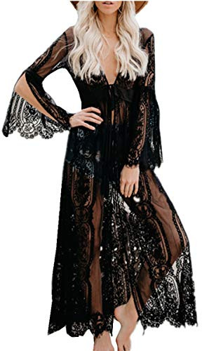 YouKD Cárdigan de algodón Encaje para Mujer Vestido Transparente Kimono Largo de Boho Traje de baño de Playa Cover Up Dress