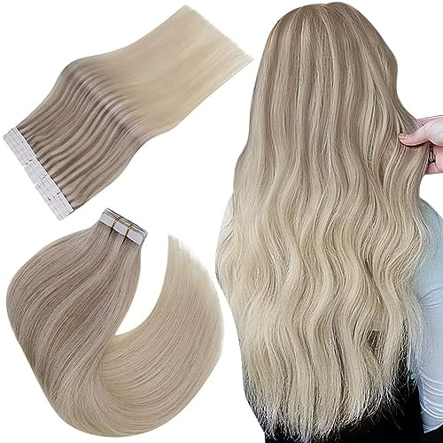 Easyouth Tape in Extensions Echthaar Balayage Blond Tape Extensions Echthaar Aschblond Mischen Sie Mittelblond und Platinblond Echthaar Extensions Tape 30 cm 30g #18/22/60