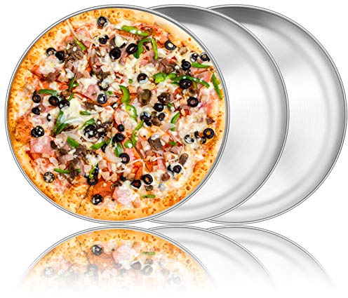 Homikit 12-Inch Pizza Baking Tray, Stainless Steel Pizza Baking Sheet Set of 3, Round Serving Pan, Healthy & Sturdy, Matt Finished & Dishwasher Safe