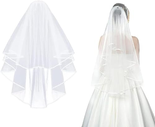CICILIAYA Voile de mariée simple en tulle blanc ivoire avec bord en ruban avec peigne pour mariée, enterrement de vie de jeune fille, costume Chucky, cadeau de bal, Halloween, première communion,