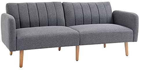 HOMCOM 3 Seater Sofa Bed Convertible with Adjustable Split Backrest Grey | Linen Fabric Couch, Click Clack Sofabed, Living Room, Bedroom, Guest Room