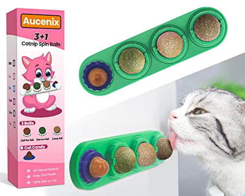 Aucenix Katzenminze Ball, 4 Stück Natürliche Spielzeug für Katzen Lecken, Drehbare Zahnreinigung Dental , für Kätzchen (Grün)